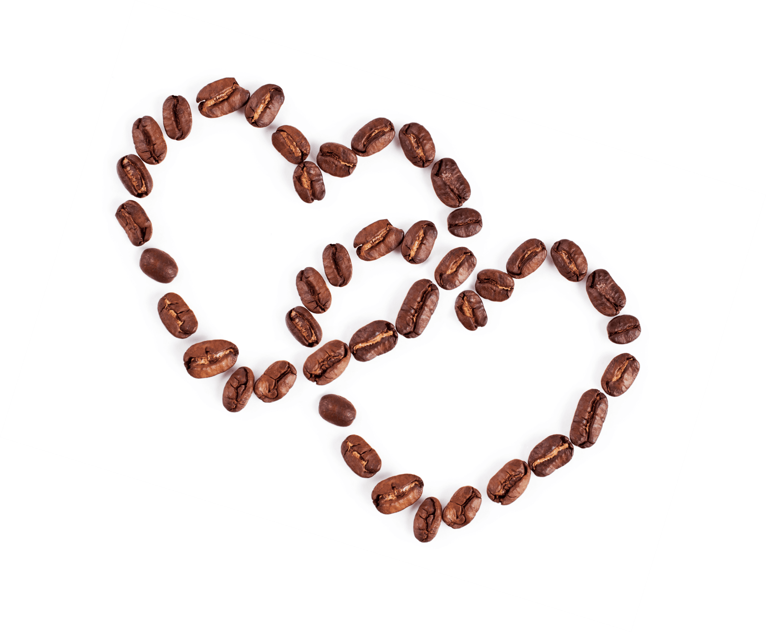 Fair Trade coffee beans arranged in the shape of two interlocking hearts on a white background.