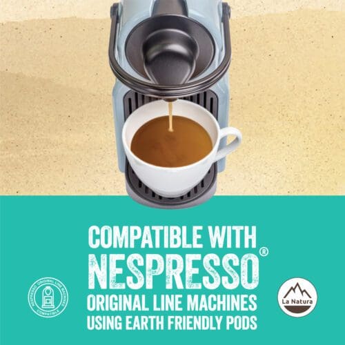 A Nespresso Original Line machine brewing coffee with rich crema into a white cup. The text below reads: "COMPATIBLE WITH NESPRESSO ORIGINAL LINE MACHINES USING EARTH FRIENDLY PODS” with logos of a capsule and La Natura Immuno Boost Coffee Pods - Crema Roast. Background features a sandy texture.