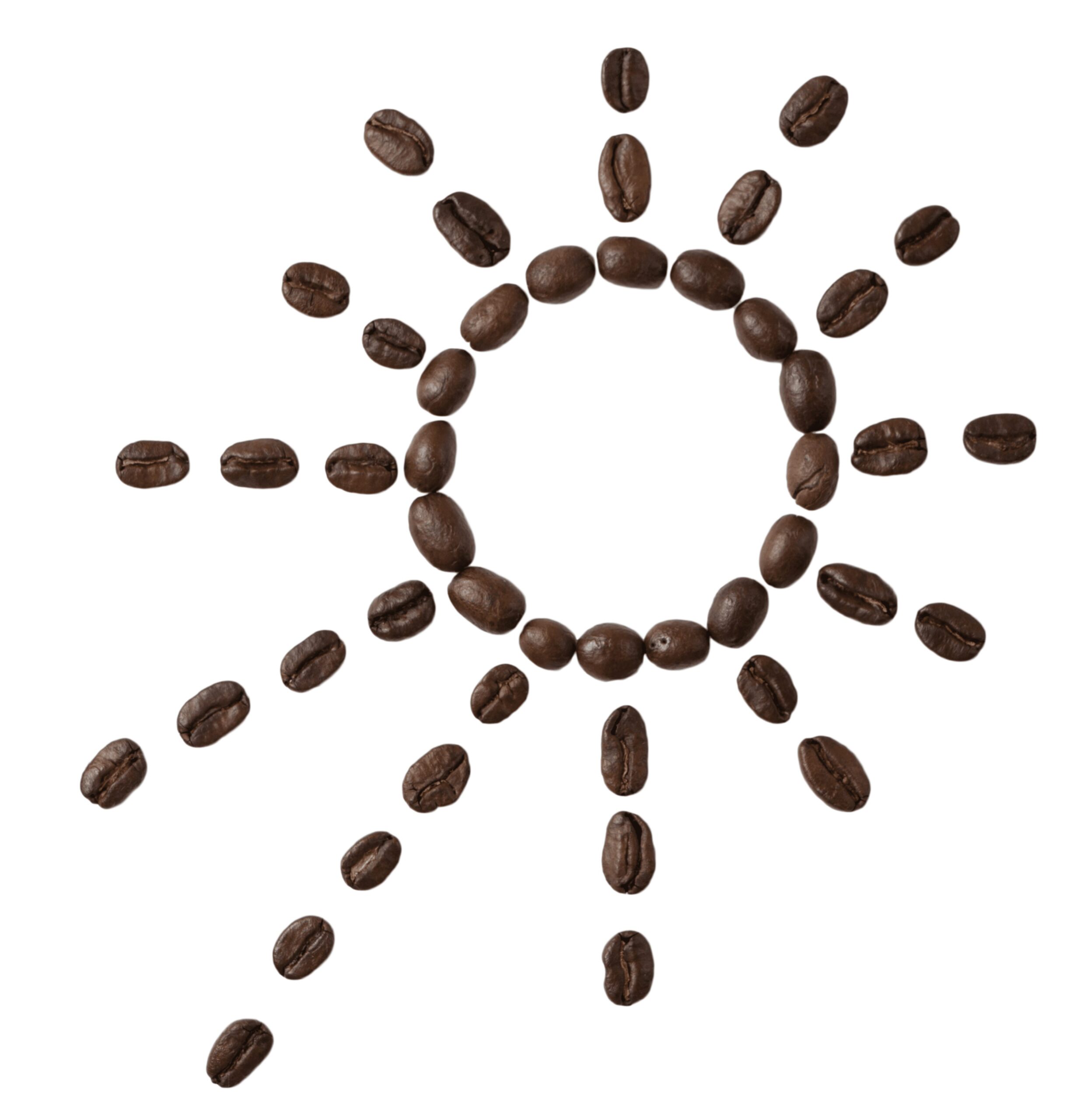 Coffee beans arranged in the shape of a sun with a circular center and lines of beans radiating outwards as the sun's rays, all set against a plain white background, symbolize an eco-friendly approach to morning rituals.