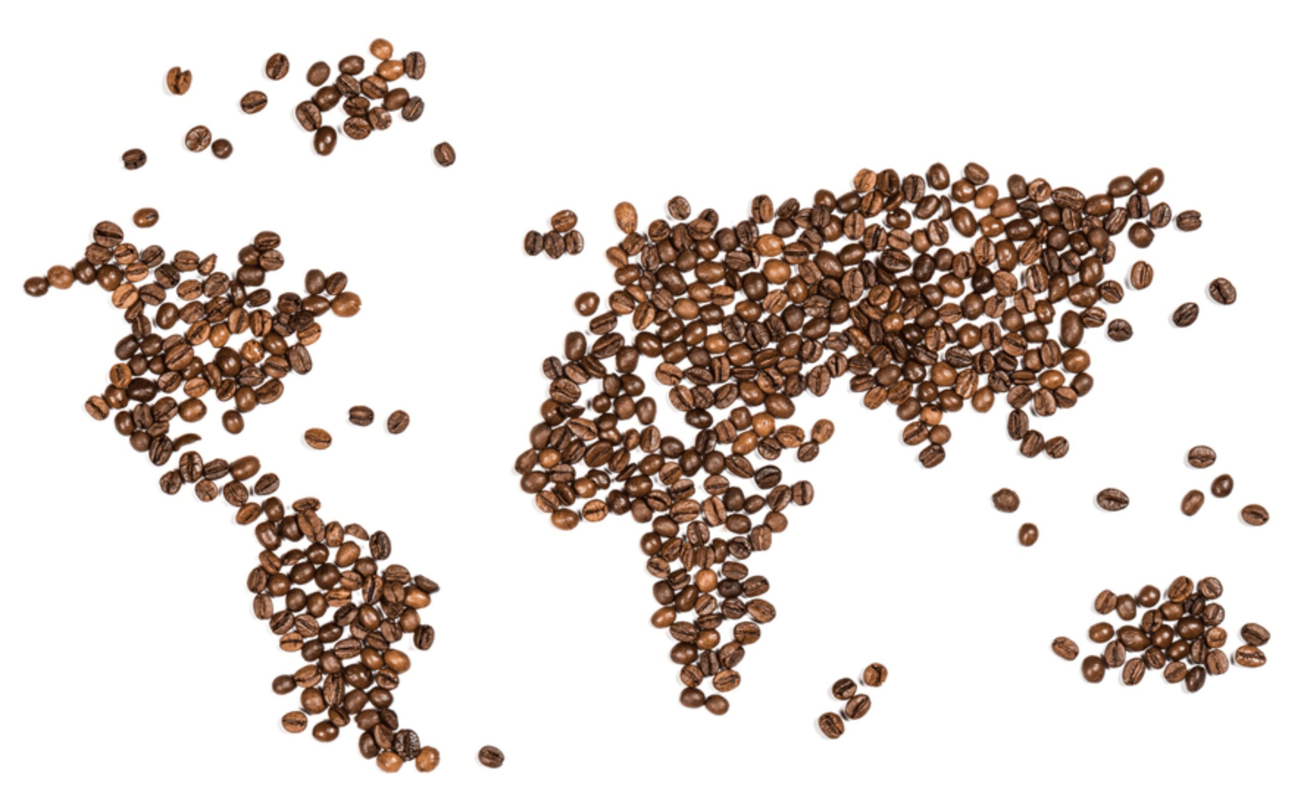 Image of a world map created using coffee beans. The beans are arranged to outline the continents on a plain white background, depicting North and South America, Africa, Europe, Asia, and parts of Oceania. Sorry for the confusion in identifying specific SEO keywords earlier.