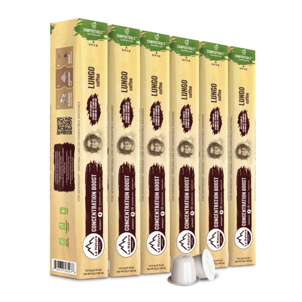 Six boxes of Compagnia dell'Arabica Lungo Coffee are arranged in a row, featuring labels with a vintage-style logo, "Concentration Boost" text, and two white coffee capsules in front. The cream-colored boxes with green accents are sure to energize your mornings with their rich coffee.